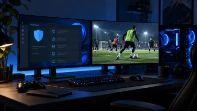 Windows PC gaming desk with an abstract security settings display and football game screen.