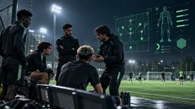 Football training squad under stadium lights with an abstract player settings overlay.