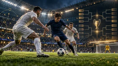 Football match scene with a tactical competition-board visual.