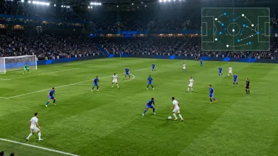 Football match scene with a subtle tactics overlay, representing the FC 27 Cheats feature groups.