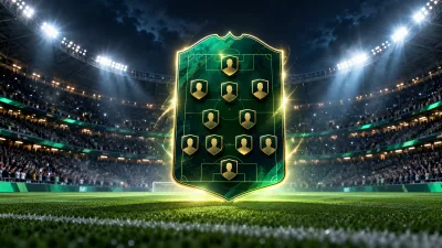 Football stadium scene with Ultimate Team inspired card and tactics visuals.