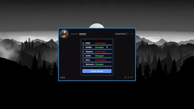 Operator portal serial screen with disk, board, display, UUID, GPU, and network rows marked changed or unchanged beside a check-serials action.